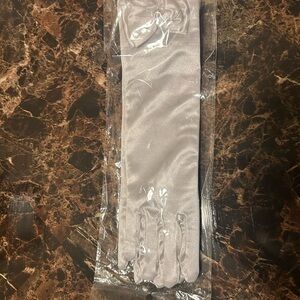 White Satin Dress Gloves with Bow & Pearl – 12” Long Formal Gloves